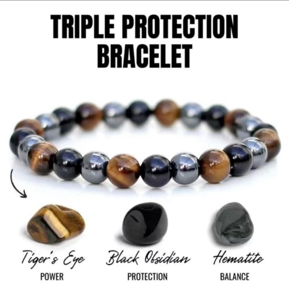 Tiger’s Eyes Gem Men’s Protection Bracelet Tiger’s Obsidian Hematite Unisex